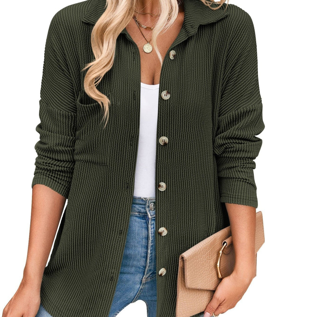 Aria Ribbed Shirt Jacket with Button Front and Pockets in Army Green