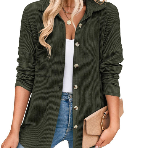 Aria Ribbed Shirt Jacket with Button Front and Pockets in Army Green