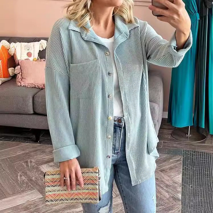 Aria Ribbed Shirt Jacket with Button Front and Pockets in Light Green