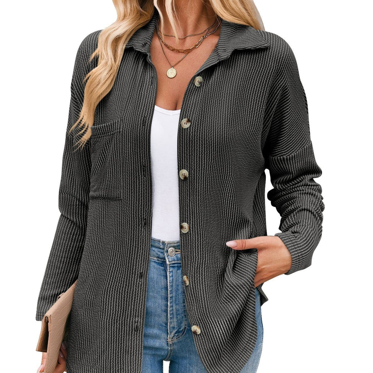 Aria Ribbed Shirt Jacket with Button Front and Pockets in Grey