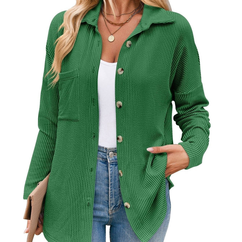 Aria Ribbed Shirt Jacket with Button Front and Pockets in Green