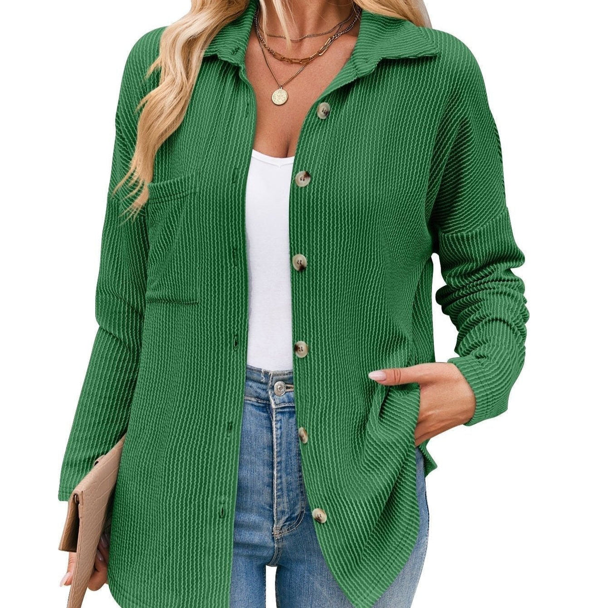 Aria Ribbed Shirt Jacket with Button Front and Pockets in Green