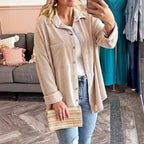 Aria Ribbed Shirt Jacket with Button Front and Pockets in Khaki