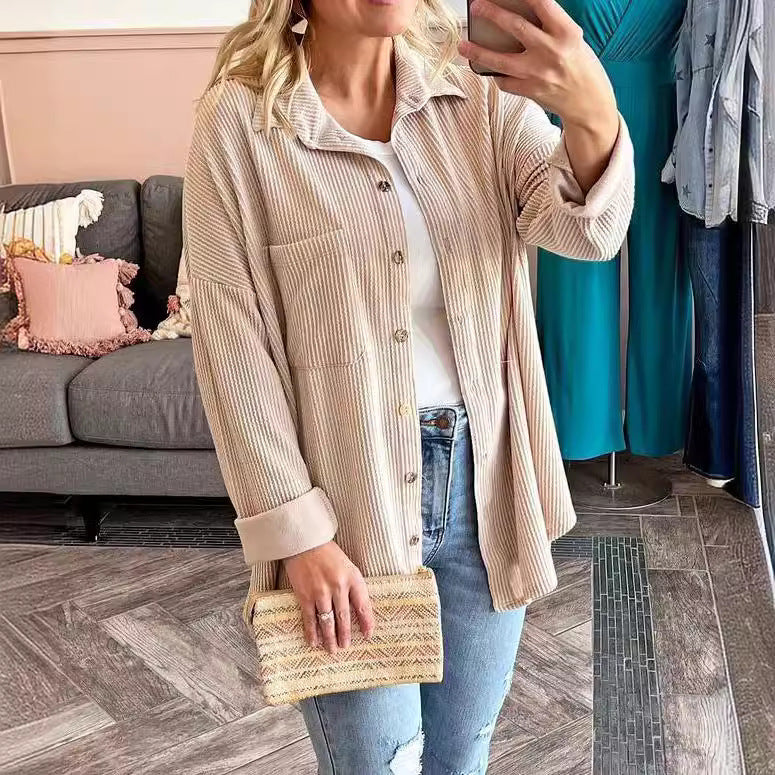 Aria Ribbed Shirt Jacket with Button Front and Pockets in Khaki
