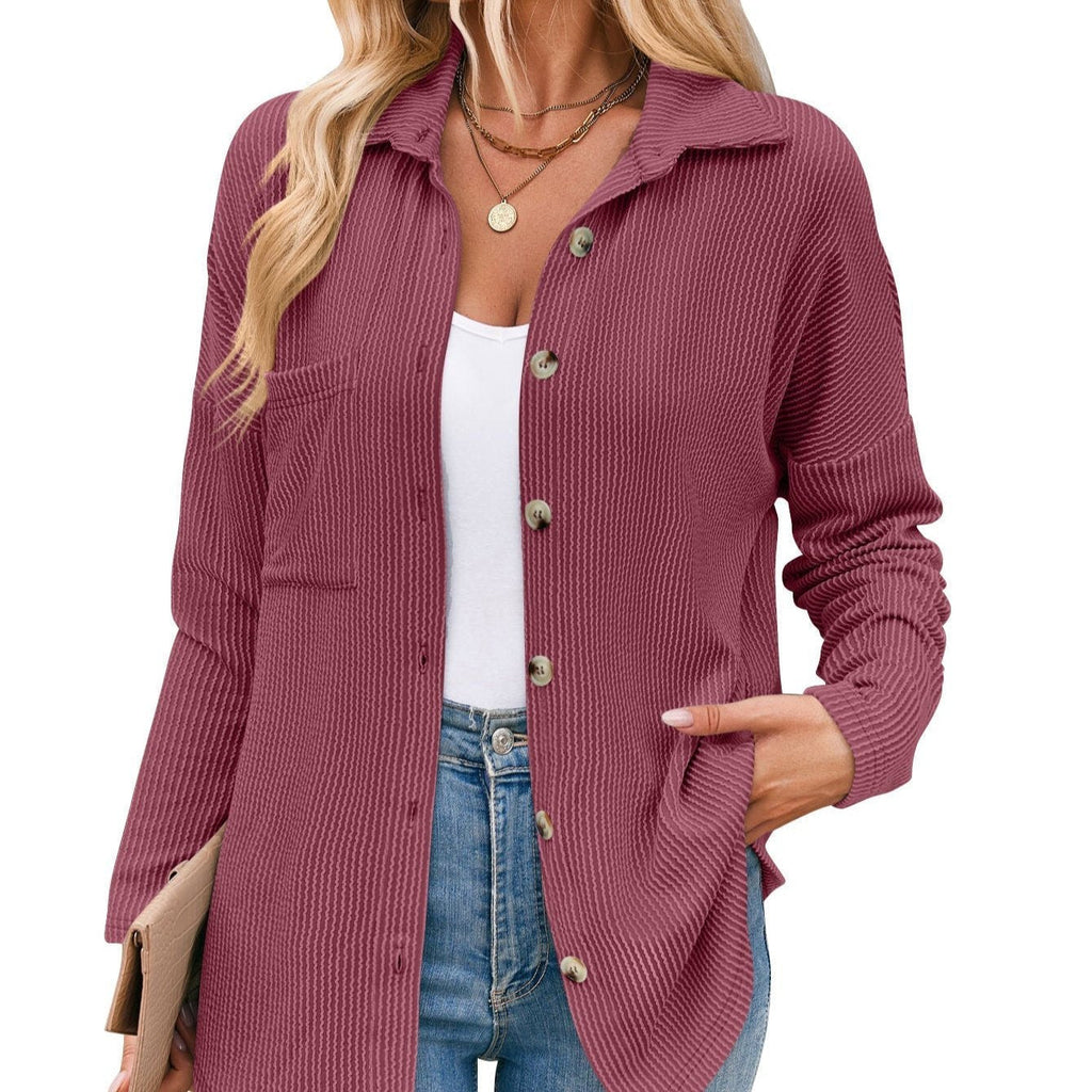 Aria Ribbed Shirt Jacket with Button Front and Pockets in Wine Red