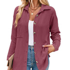Aria Ribbed Shirt Jacket with Button Front and Pockets in Wine Red