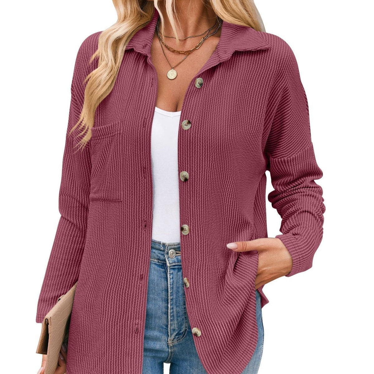 Aria Ribbed Shirt Jacket with Button Front and Pockets in Wine Red