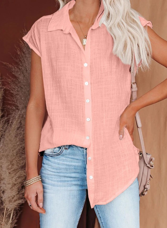 Ariela Cap Sleeve Blouse with Button Front and Collar in Pink