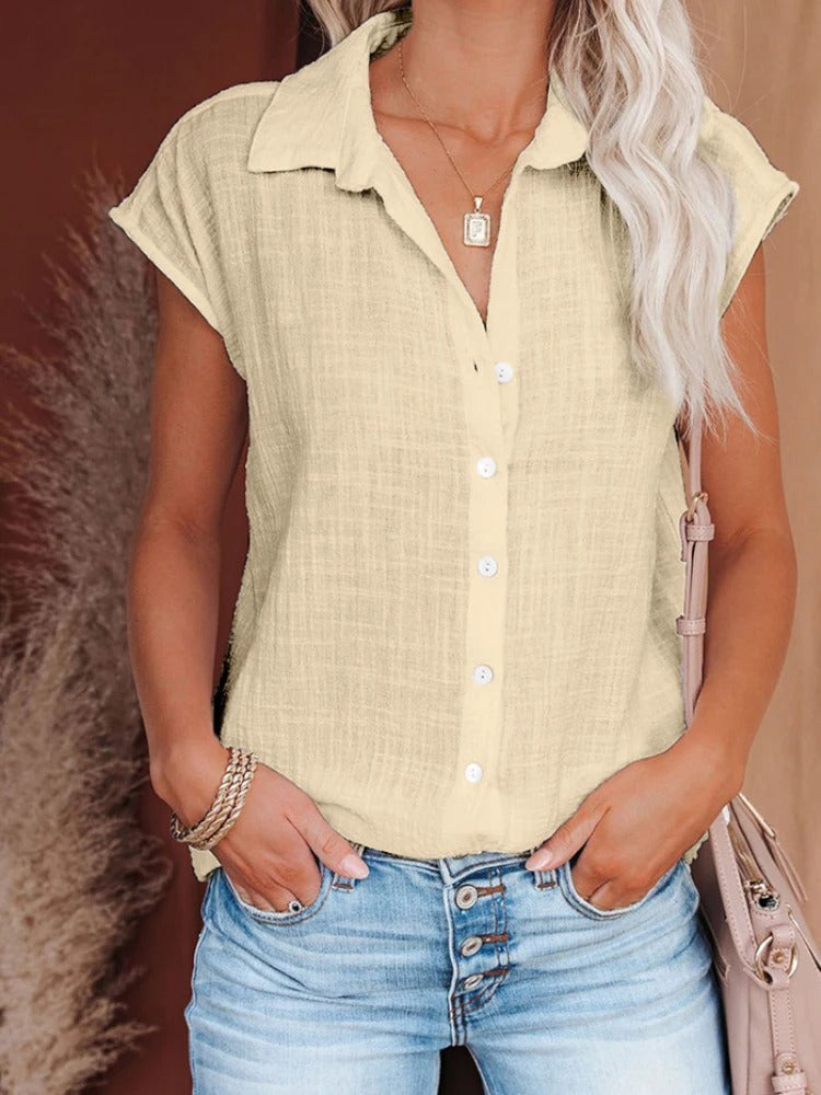 Ariela Cap Sleeve Blouse with Button Front and Collar in Beige