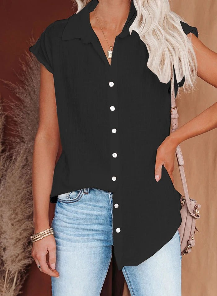 Ariela Cap Sleeve Blouse with Button Front and Collar in Black