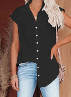 Ariela Cap Sleeve Blouse with Button Front and Collar in Black