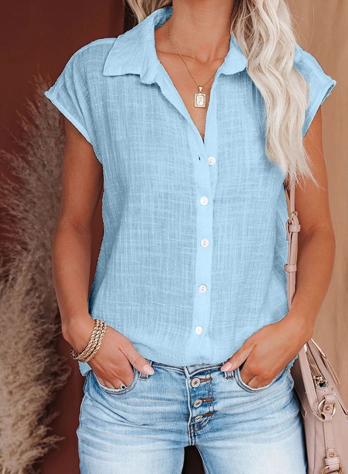 Ariela Cap Sleeve Blouse with Button Front and Collar in Blue