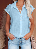 Ariela Cap Sleeve Blouse with Button Front and Collar in Blue
