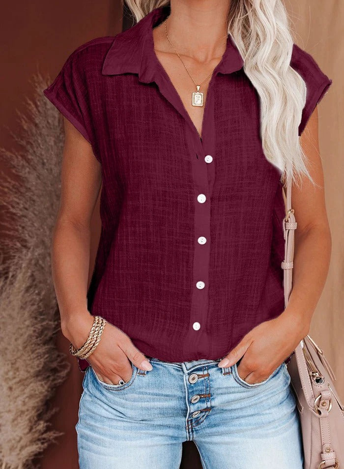 Ariela Cap Sleeve Blouse with Button Front and Collar in Wine Red