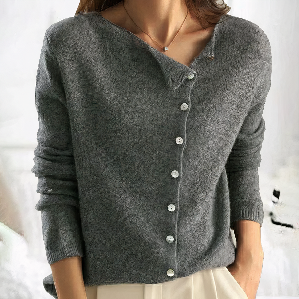 Arleth Fine Knit Cardigan with Buttoned Placket in Grey