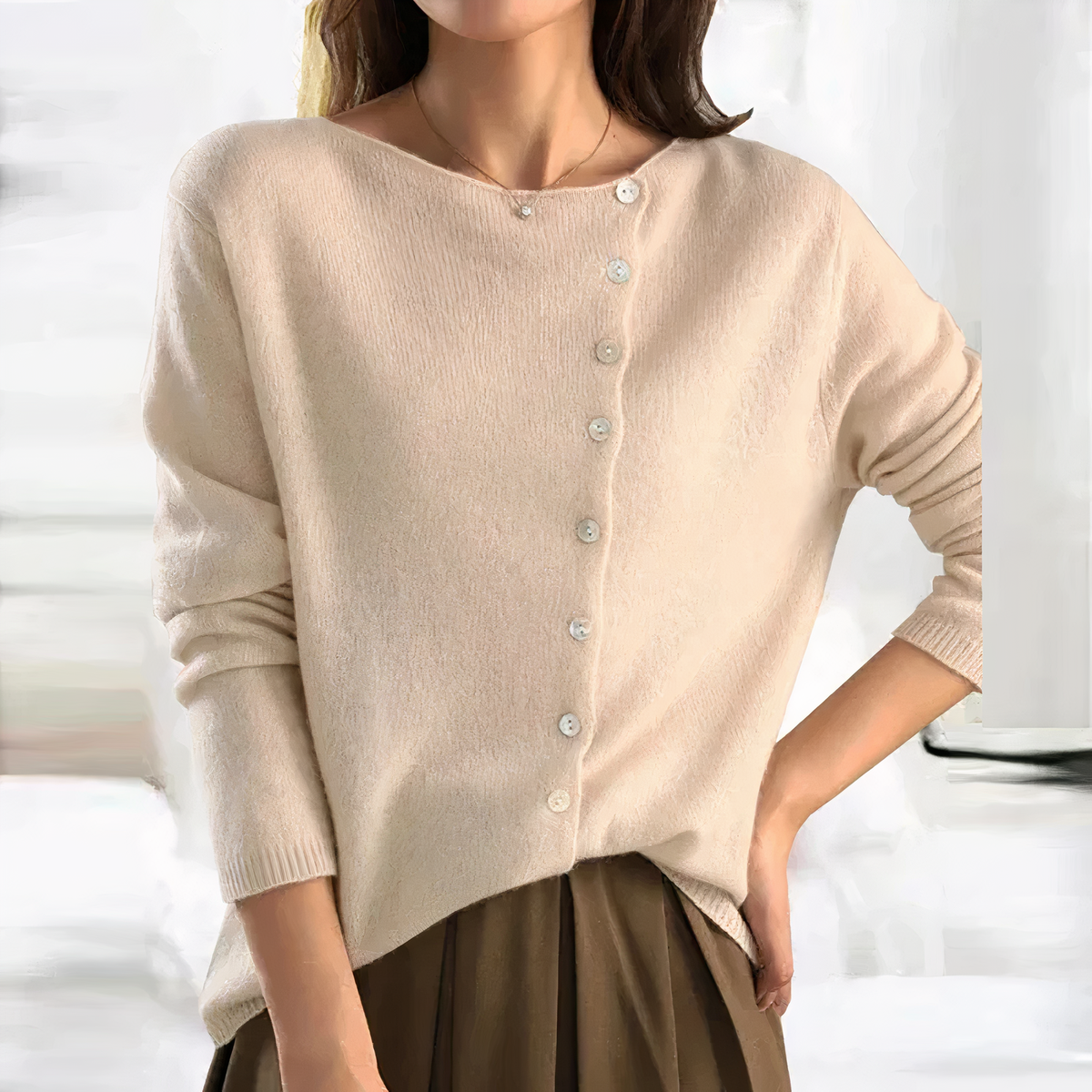 Arleth Fine Knit Cardigan with Buttoned Placket in Cream