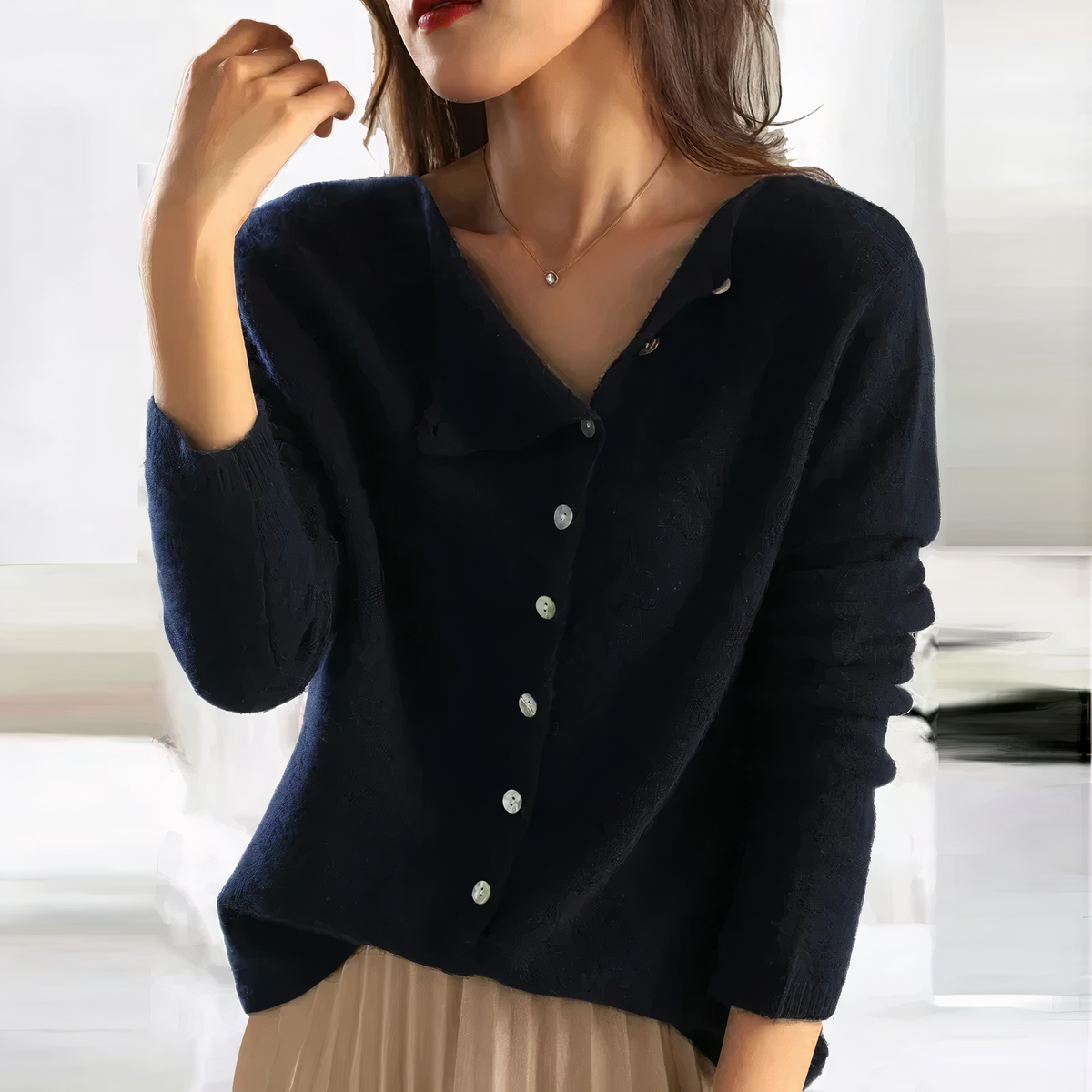 Arleth Fine Knit Cardigan with Buttoned Placket in Dark Blue