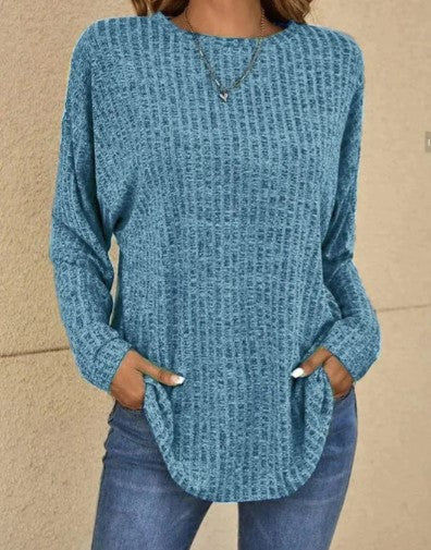 Ava Ribbed Tunic Sweater with Pockets and Curved Hem in Blue