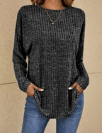 Ava Ribbed Tunic Sweater with Pockets and Curved Hem in Black