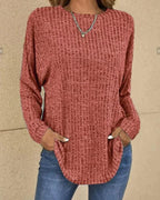 Ava Ribbed Tunic Sweater with Pockets and Curved Hem in Red