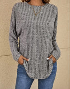 Ava Ribbed Tunic Sweater with Pockets and Curved Hem in Grey