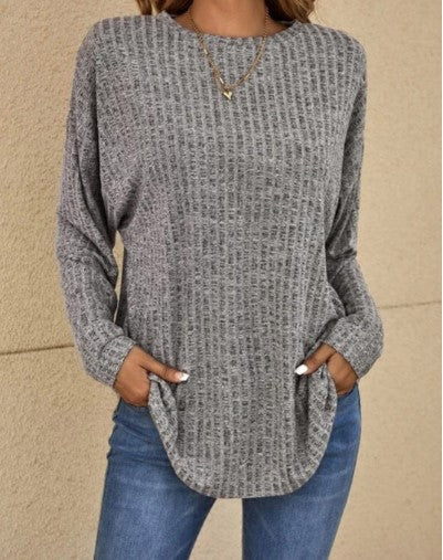 Ava Ribbed Tunic Sweater with Pockets and Curved Hem in Grey