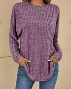 Ava Ribbed Tunic Sweater with Pockets and Curved Hem in Purple