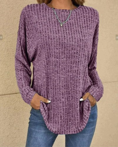Ava Ribbed Tunic Sweater with Pockets and Curved Hem in Purple