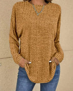 Ava Ribbed Tunic Sweater with Pockets and Curved Hem in Khaki