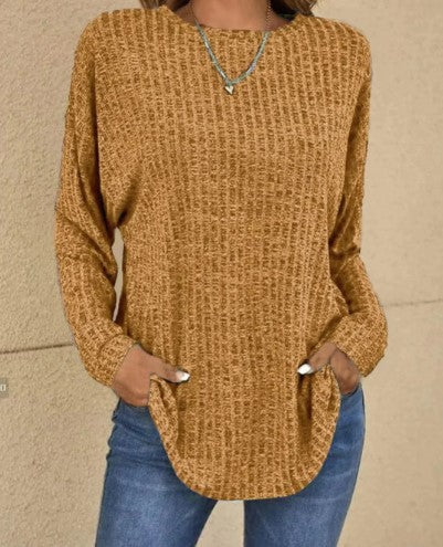Ava Ribbed Tunic Sweater with Pockets and Curved Hem in Khaki