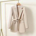 Avelina Tailored Blazer with Belted Waist and Lapels in Beige