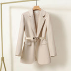 Avelina Tailored Blazer with Belted Waist and Lapels in Beige