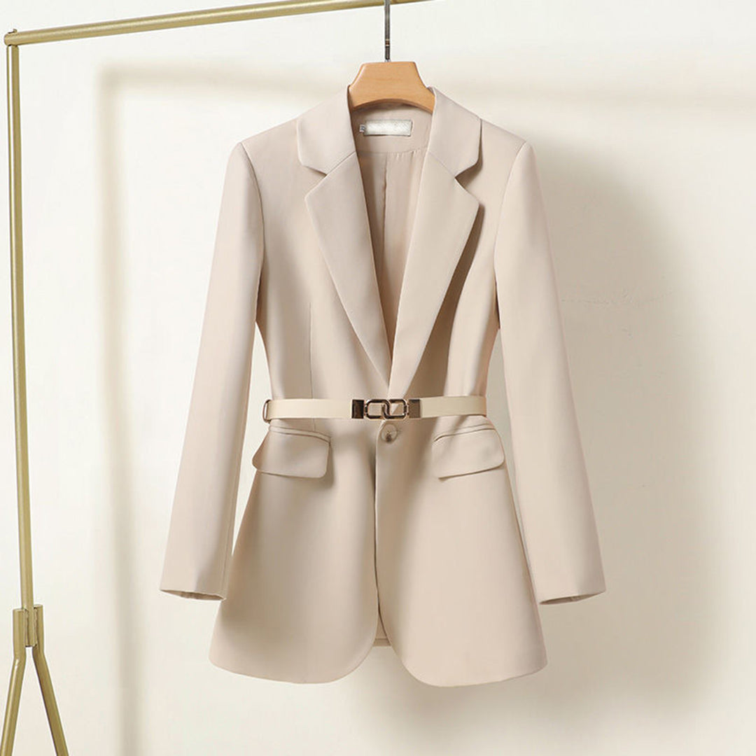 Avelina Tailored Blazer with Belted Waist and Lapels in Beige