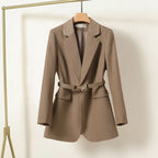 Avelina Tailored Blazer with Belted Waist and Lapels in Brown