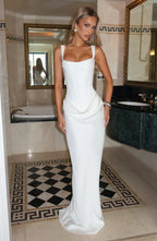 Backless Ruched Maxi Dress with Square Neck and Straps in White