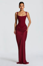 Backless Ruched Maxi Dress with Square Neck and Straps in Burgundy