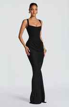 Backless Ruched Maxi Dress with Square Neck and Straps in Black
