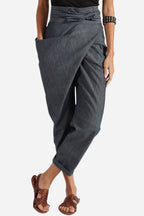 Bella High-Waist Tapered Trousers with Wrap Tie Front in Grey