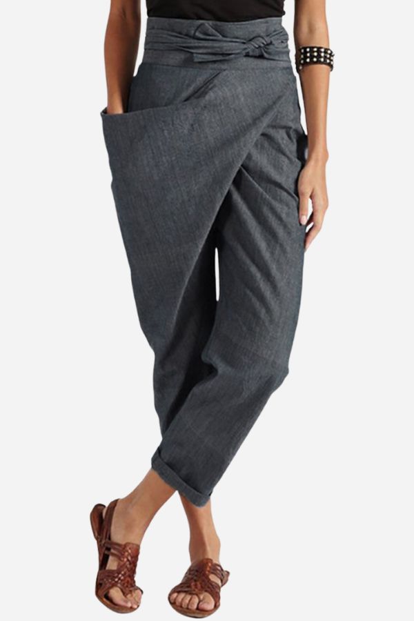 Bella High-Waist Tapered Trousers with Wrap Tie Front in Grey