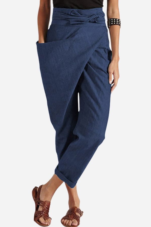 Bella High-Waist Tapered Trousers with Wrap Tie Front in Navy