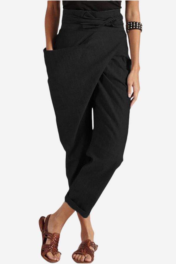 Bella High-Waist Tapered Trousers with Wrap Tie Front in Black