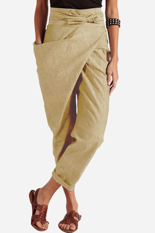Bella High-Waist Tapered Trousers with Wrap Tie Front in Beige