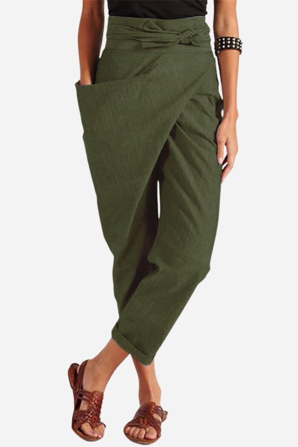Bella High-Waist Tapered Trousers with Wrap Tie Front in Army Green