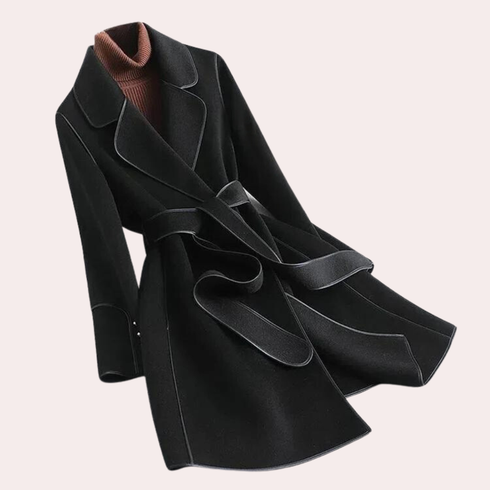 Belted Wrap Coat with Wide Tie Belt and Notch Lapel in Black