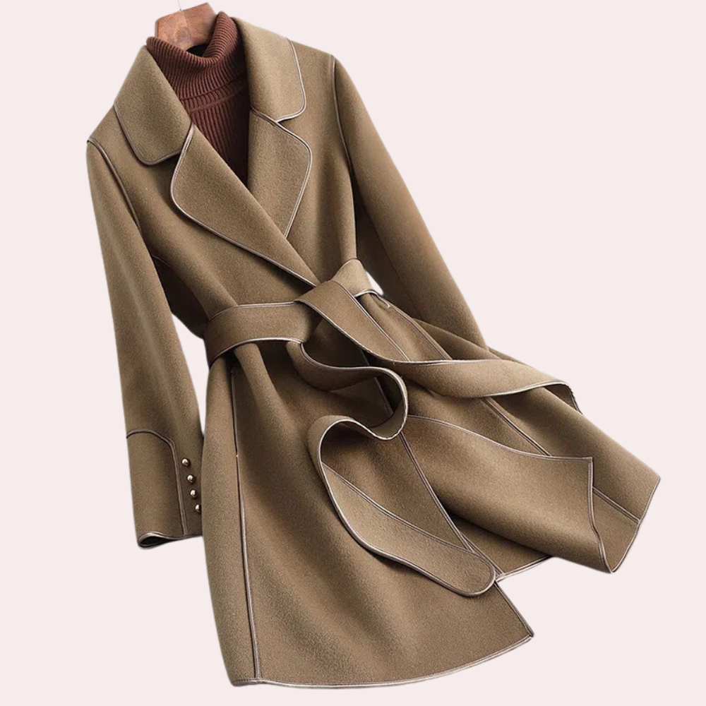 Belted Wrap Coat with Wide Tie Belt and Notch Lapel in Brown