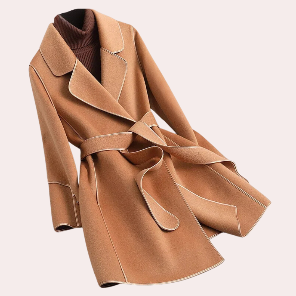 Belted Wrap Coat with Wide Tie Belt and Notch Lapel in Camel