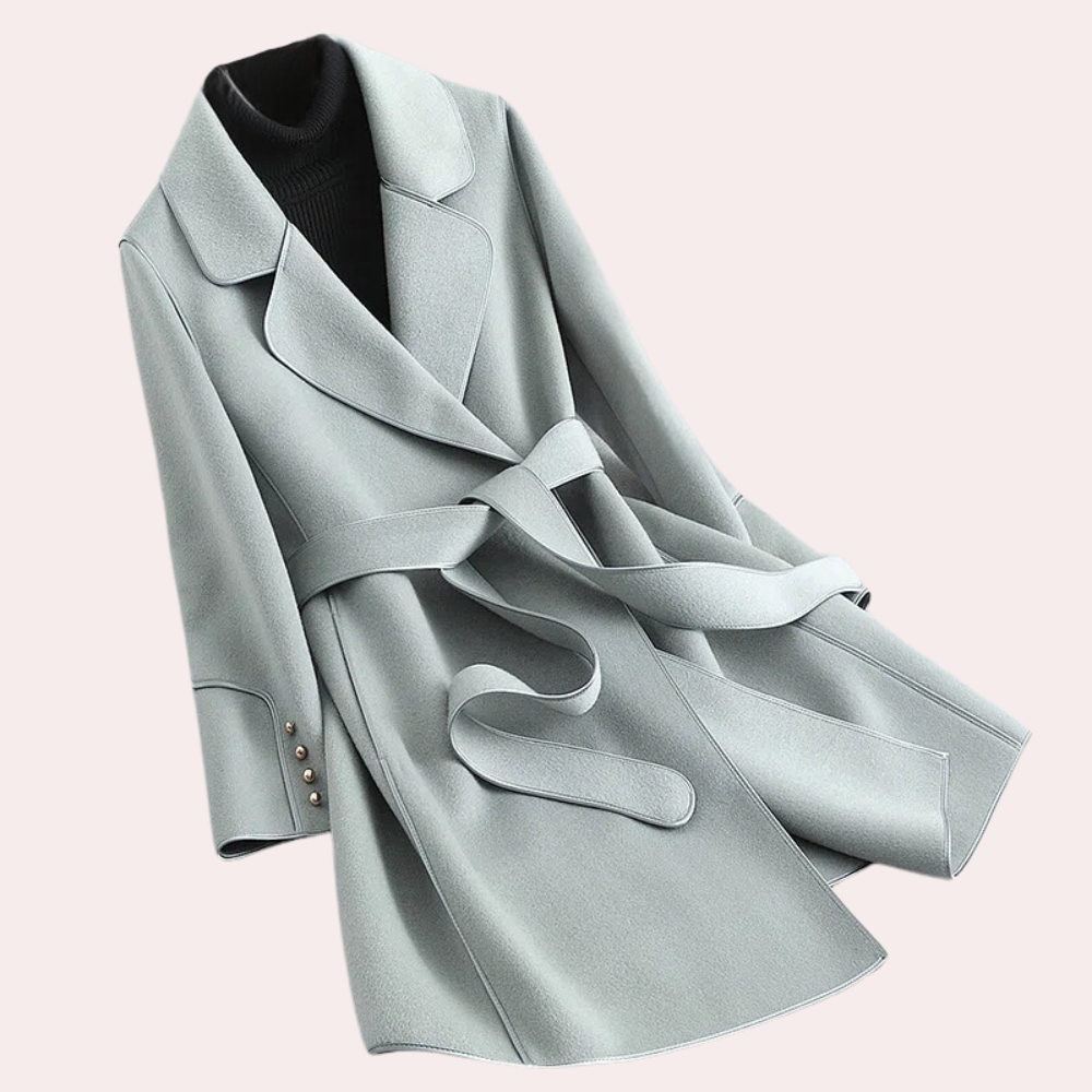 Belted Wrap Coat with Wide Tie Belt and Notch Lapel in Grey