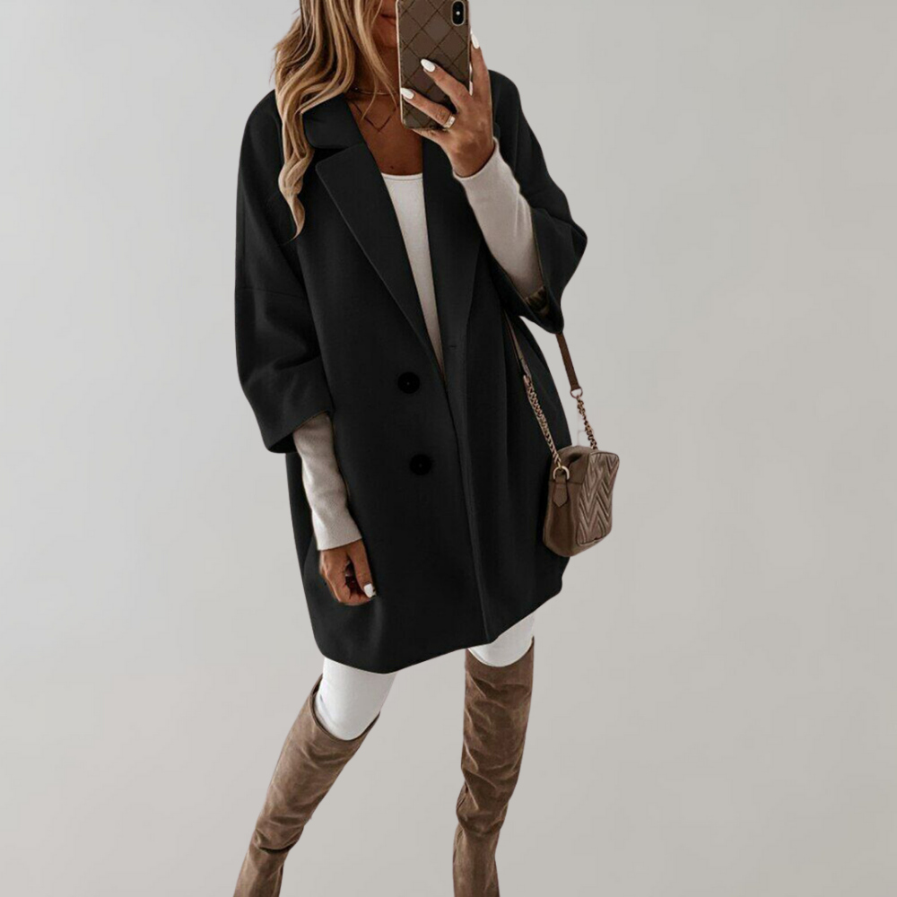 Berenice Oversized Double-Breasted Short Coat in Black