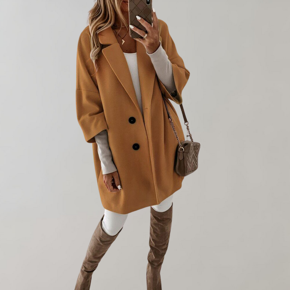 Berenice Oversized Double-Breasted Short Coat in Khaki