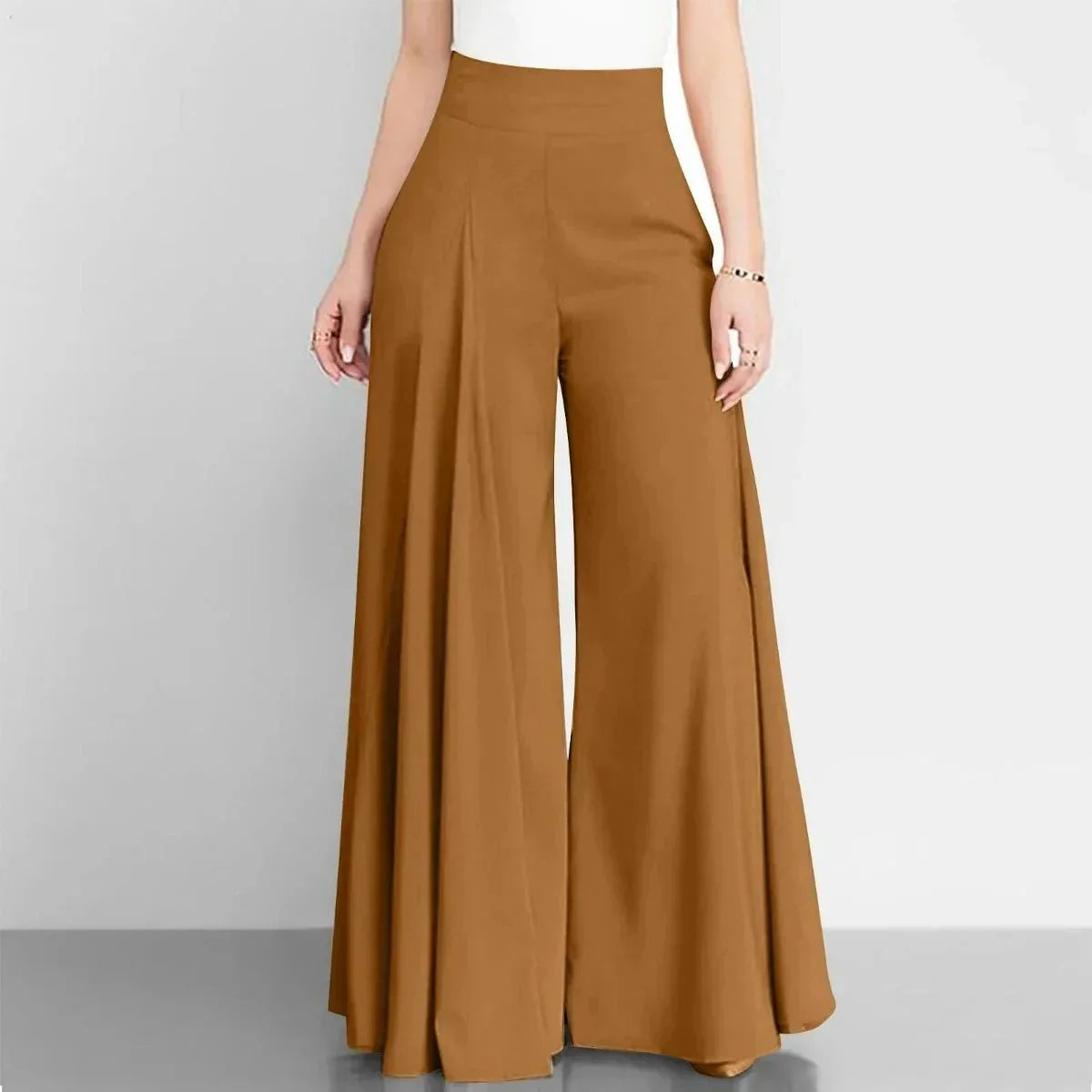 Bernice High Waist Palazzo Trousers with Flared Legs in Brown